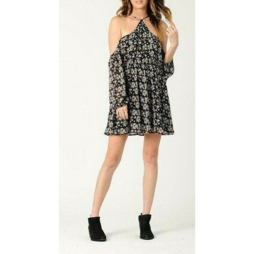 Lucca Dress XS Cold Shoulder‎ Mini Racer Back Lined Black Floral Cottage Core